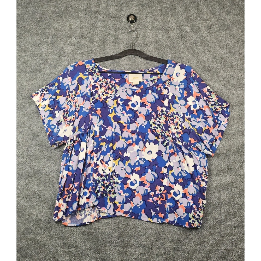 Maeve Anthropologie Floral Short Sleeve Top Women's Size Medium Viscose Blue